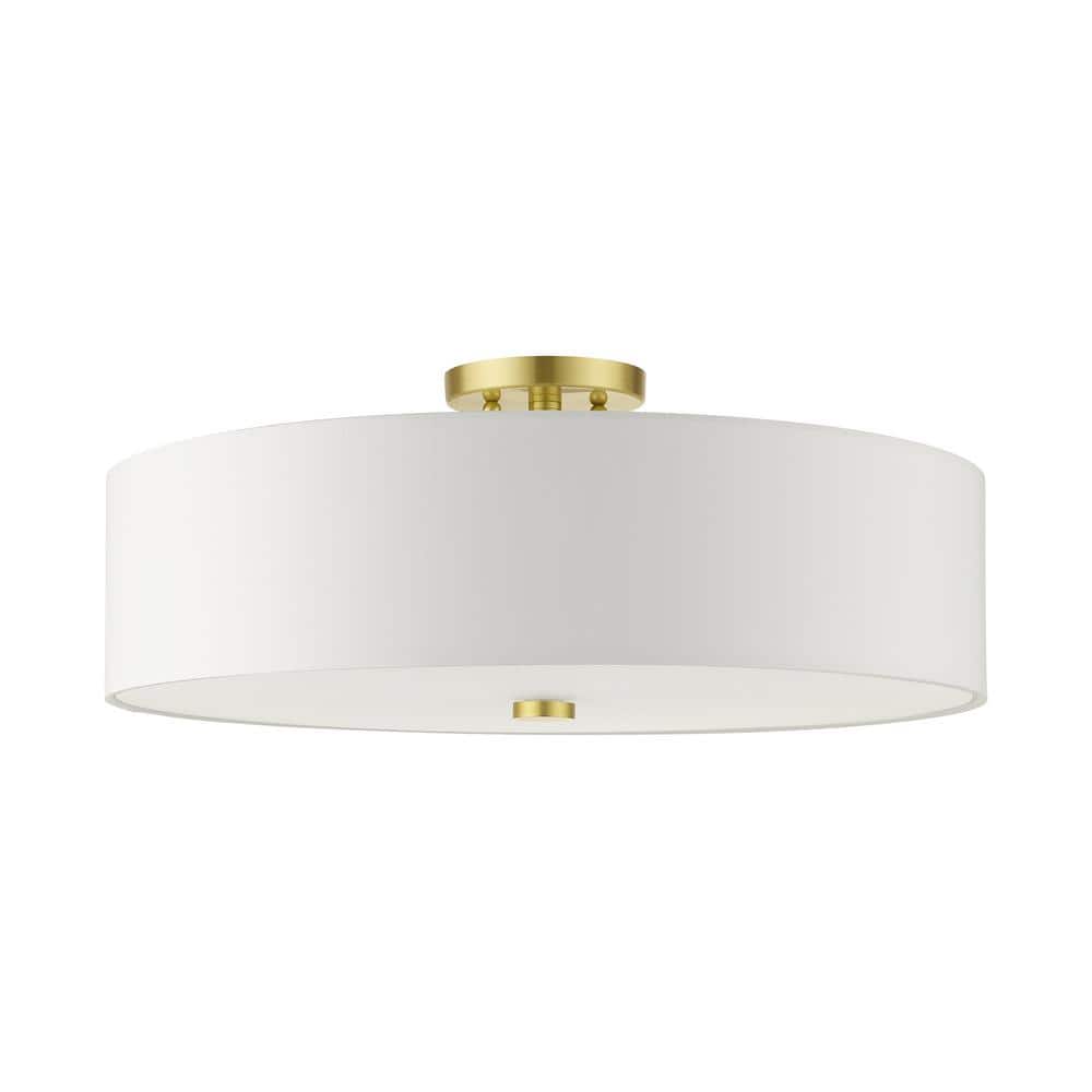 Satin Brass 5-Light Semi-Flush Drum Ceiling Fixture with Off-White Shade