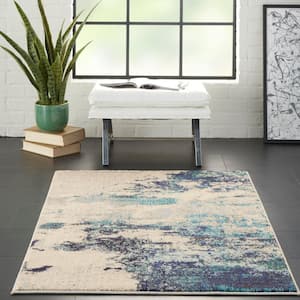 Celestial Ivory/Teal Blue 3 ft. x 5 ft. Abstract Modern Kitchen Area Rug