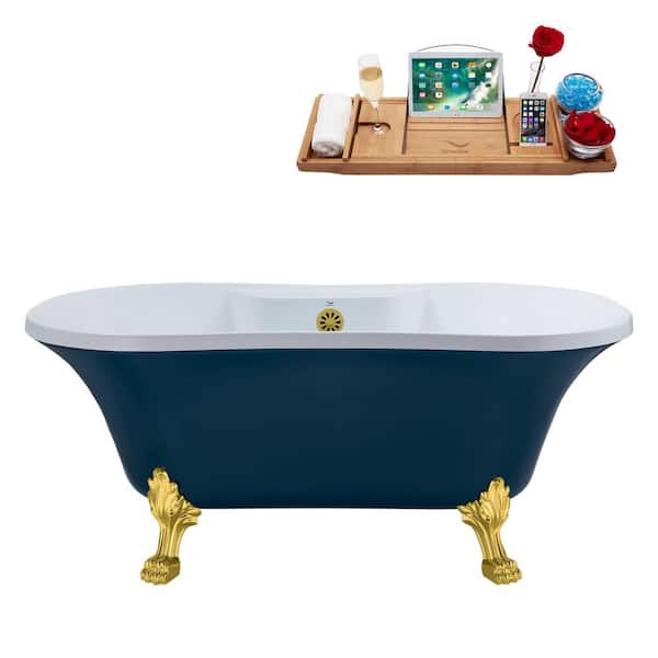 Streamline 60 in. Acrylic Clawfoot Non-Whirlpool Bathtub in Matte Light Blue With Polished Gold Clawfeet And Brushed Gold Drain