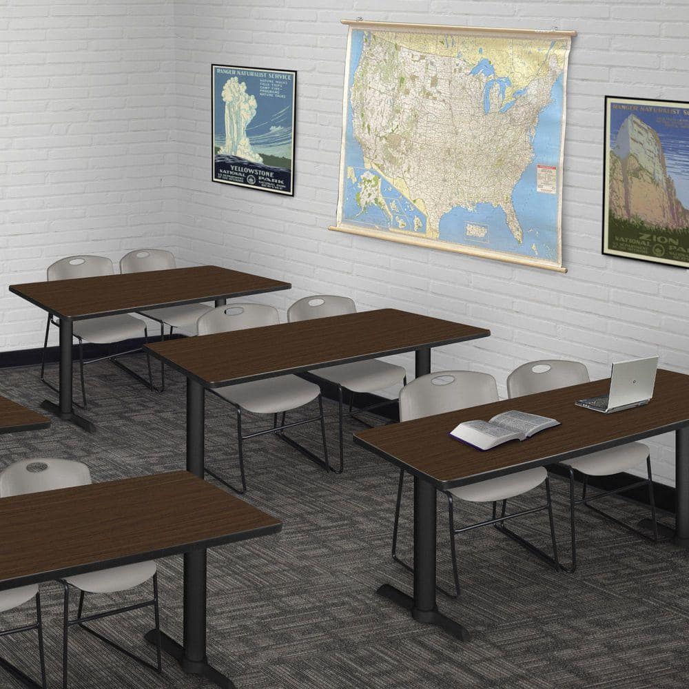 Cain 48 in. x 24 in. Neo Walnut T-Base Training Seminar Table Desk and 2 Zeng Stack Chairs-Grey