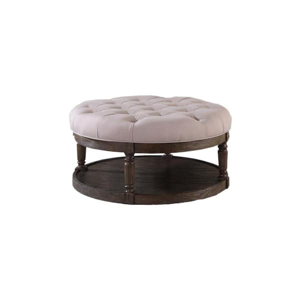 Best Master Furniture Bevan Smoked Grey Beige Linen Circular Ottoman