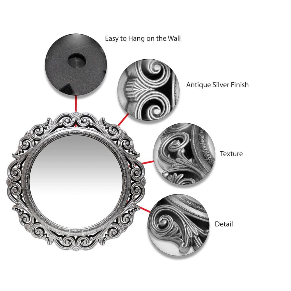 Elegant 24" Round Weathered Antique Silver Wall Mirror