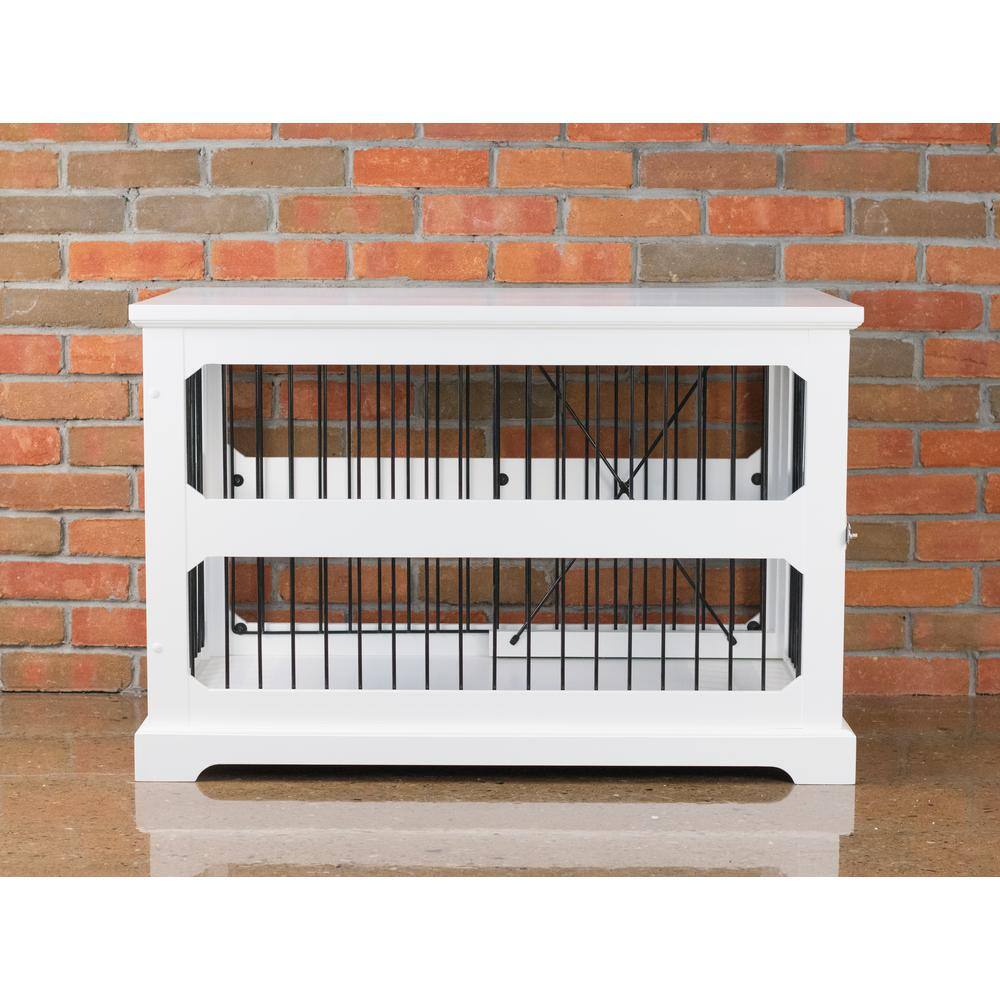 Modern White Slide-Aside Pet Crate & Side Table - Medium