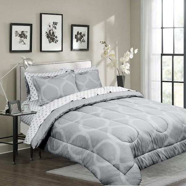 ROYALE LINENS Ogee 7-Piece Grey Queen Microfiber Bed in a Bag with Solid Reversible Comforter