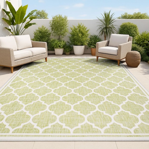 Green/Cream 5 ft. x 8 ft. Trebol Moroccan Trellis Textured Weave Indoor/Outdoor Area Rug