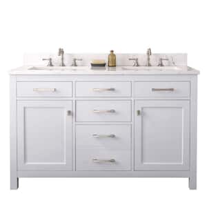 Jasper 54 in. W x 22 in. D Bath Vanity in White with Engineered Stone Vanity Top in Carrara White with White Sinks