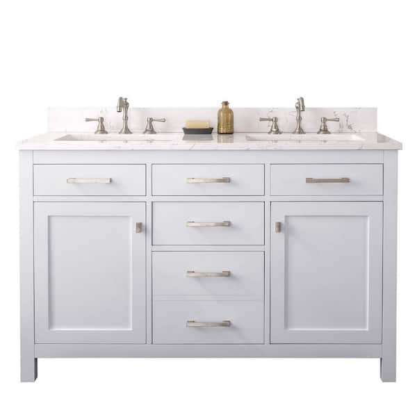 Jasper 54 in. W x 22 in. D Bath Vanity in White with Engineered Stone Vanity Top in Carrara White with White Sinks