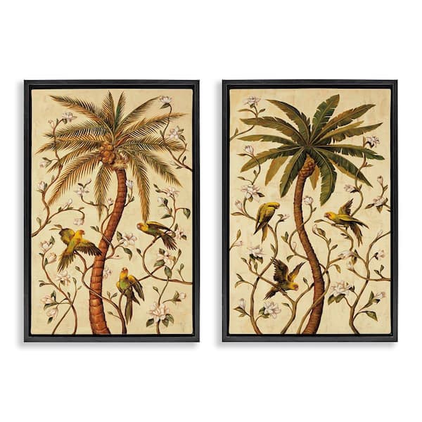 Parrots and Curving Palm Trees by Rodolfo Jimenez 2-Pieces Black Floater Frame Nature Graphic Art Print 31 in. x 21 in.