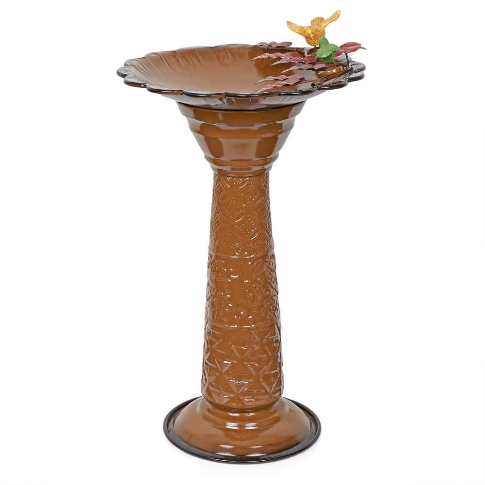 Brown Metal Pedestal Birdbath with Floral Basin, 28"