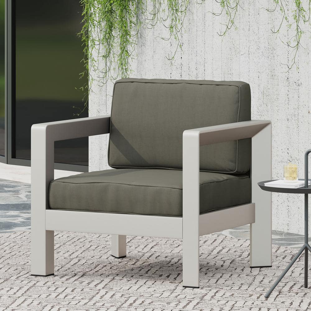 Silver Aluminum Outdoor Club Chair with Khaki Cushions
