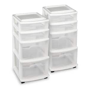 Clear Plastic 4 Drawer Medium Storage Container Tower, White Frame (2 Pack)