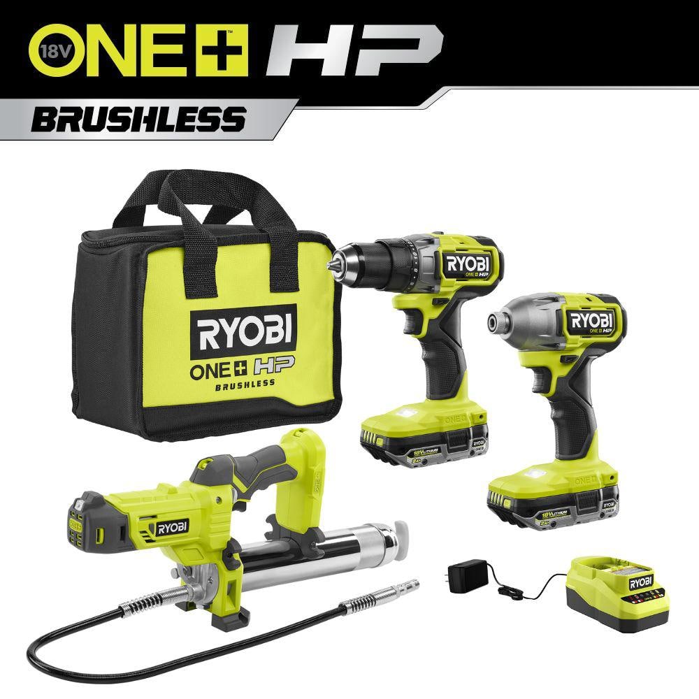 ONE+ HP 18V Brushless Cordless 2-Tool Combo Kit w/(2) 2.0 Ah Batteries, Charger, Bag, and Grease Gun -  RYOBI, PBLCK01KP3410