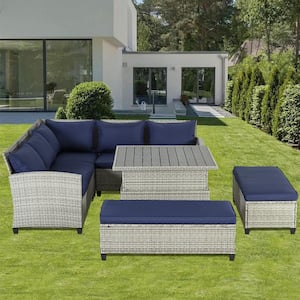Grey 6-Piece Wicker Outdoor Sectional Set with Lifting Table and Blue Cushions