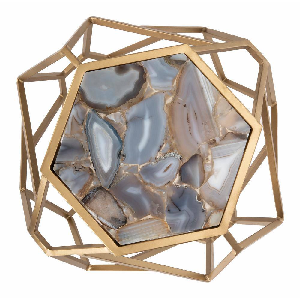 Ava Gold and Multi-Colored Agate Hexagonal Accent Table