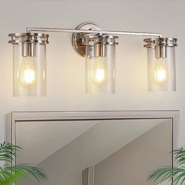 24 in. 3-Light Brushed Nickel Vanity Light with Industrial Glass Shades for Bathroom