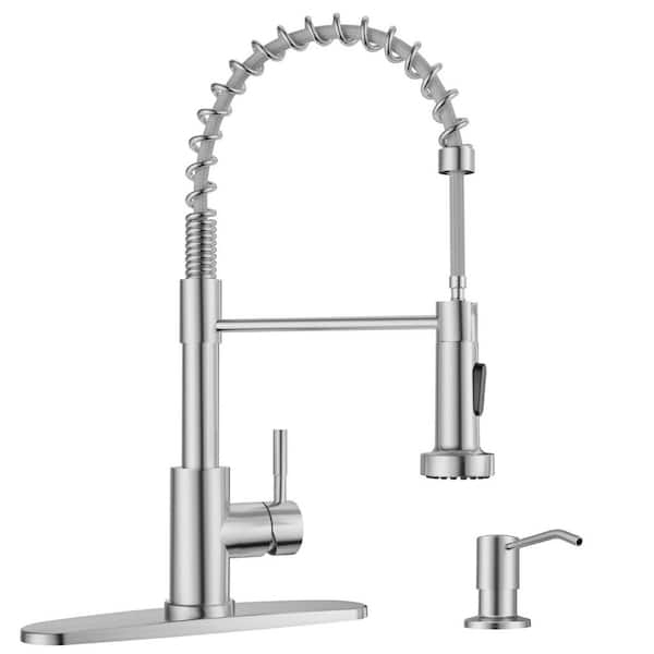 18 in. H x9.8 in. W x8.25 in. D Brushed Nickel Stainless Steel Kitchen Faucet with Soap Dispenser and Pull Down Sprayer
