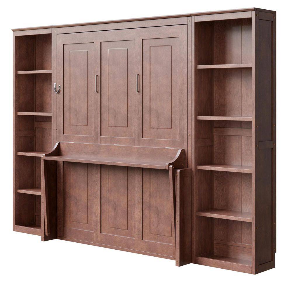 Dark Brown Wood Frame Queen Size Murphy Bed Wall Bed with Storage Bookshelves - thumbnail 5