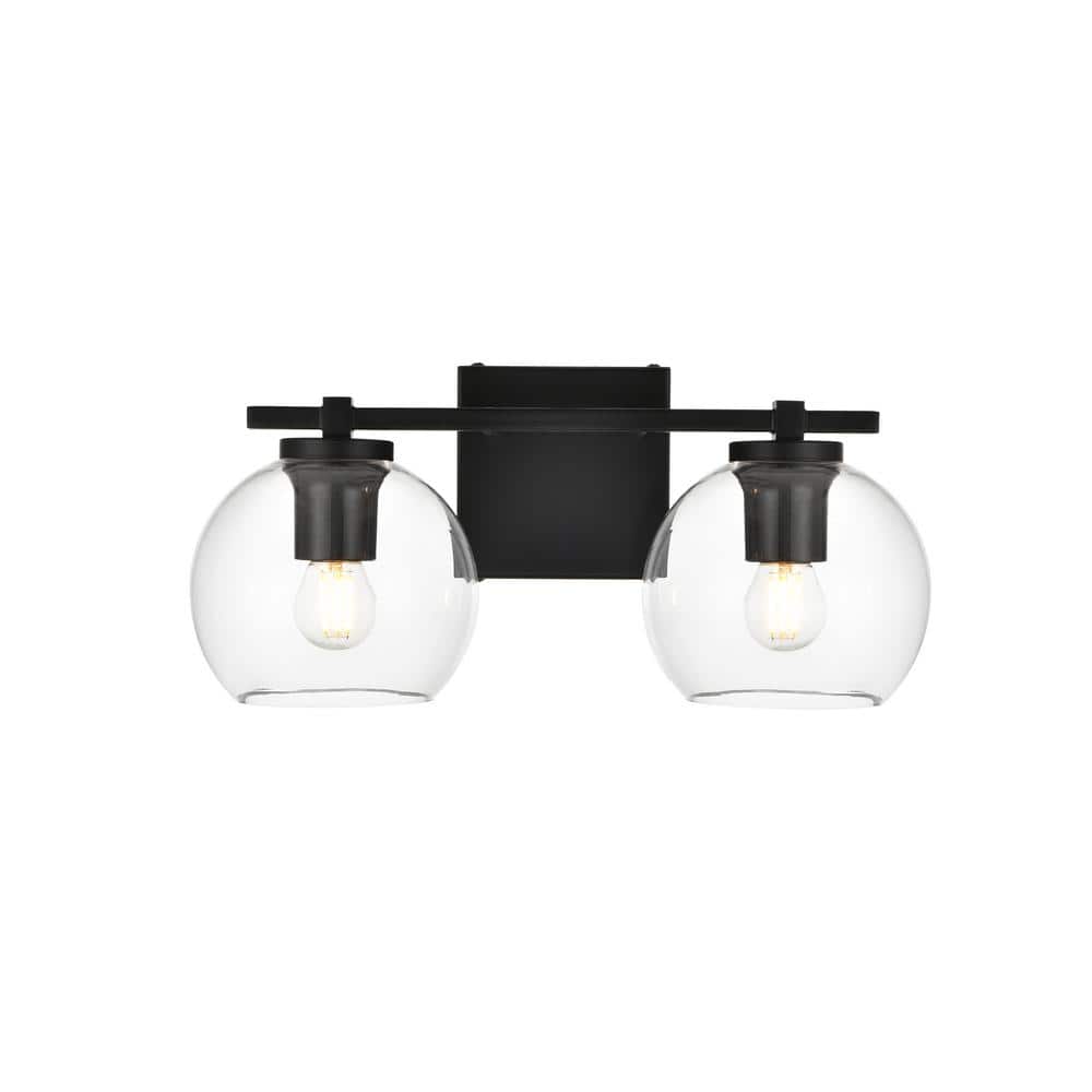 Simply Living 15 in. 2-Light Modern Black Vanity Light with Clear Round Sha