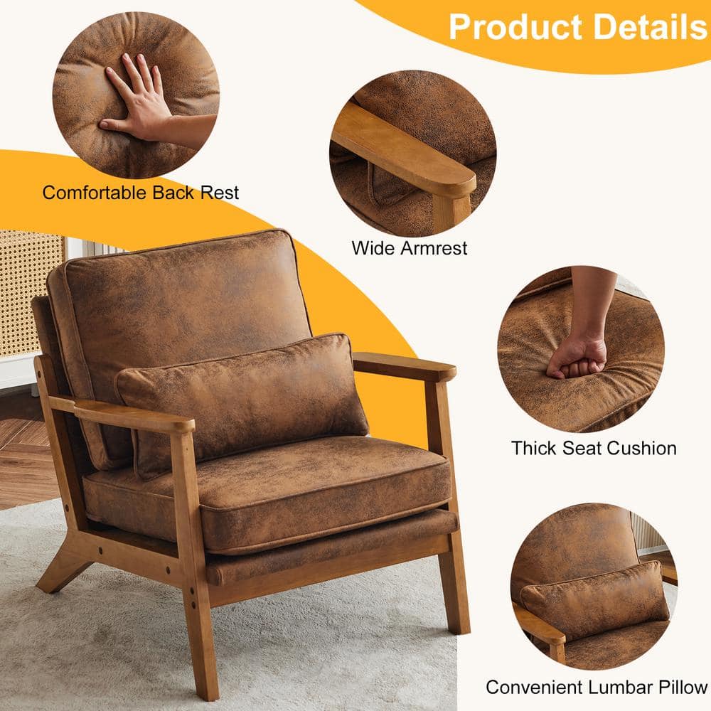 Brown Suede Wood Frame Mid-Century Modern Accent Chair