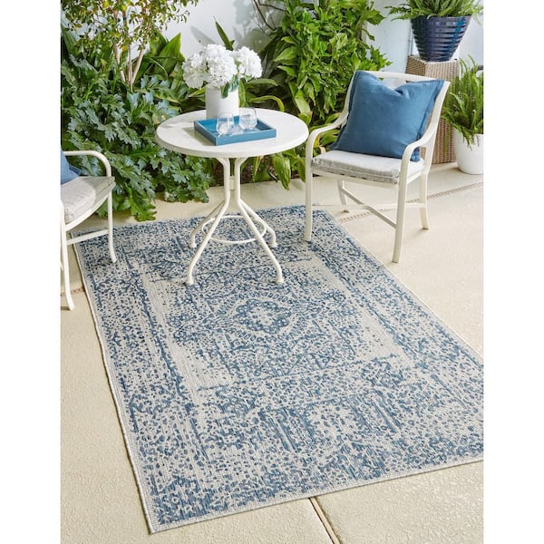 Azure Blue Timeworn Outdoor 7 ft. x 10 ft. Area Rug
