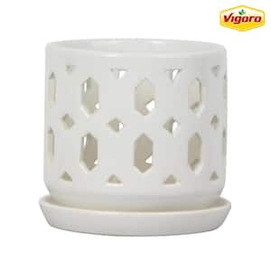5 in. Dixie Small White Open Orchid Ceramic Planter (5 in. D x 5 in. H) with Drainage Hole and Attached Saucer