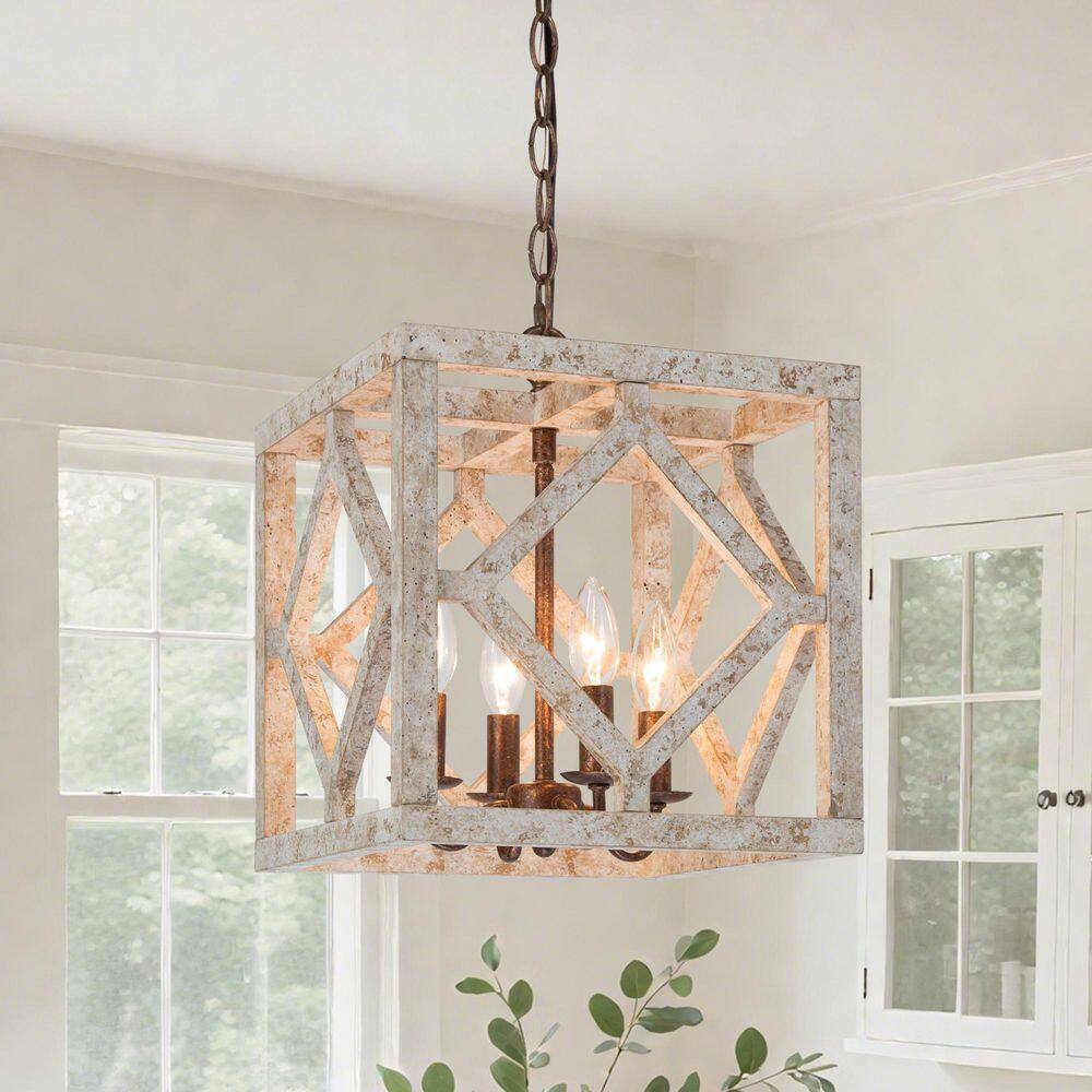 Farmhouse Antique White Wood Chandelier with Weathered Square Cage, 4-Light Lantern Pendant with Rusty Metal Accents price history on PriceWatchPro