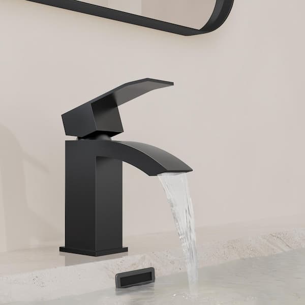 Modern Single-Handle Single Hole Waterfall Bathroom Sink Faucet with Pop-Up Drain in Matte Black