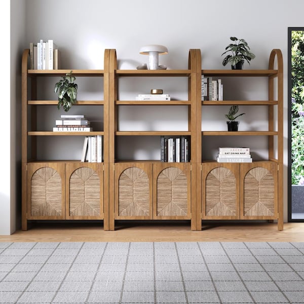 Nathan James Leah 71 in. Tall Light Brown Solid Wood 3-Shelf Accent Bookcase Cabinet with Arched Frame and Seagrass Doors, Set of 3