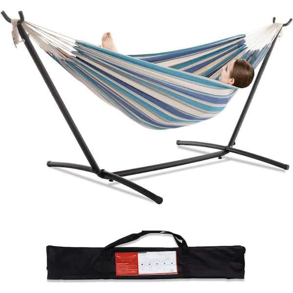 Unbranded 9 ft. 2-Person Heavy Duty Double Hammock with Space Saving Steel Stand, 450 lbs. Capacity and Carrying Bag in Light Blue