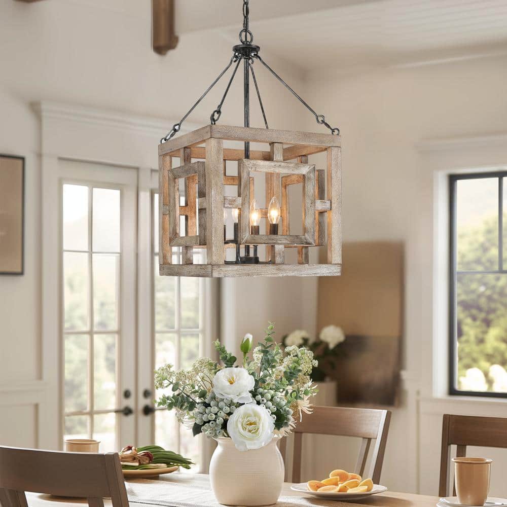 Rustic 40-Watt 4-Light Black Brushed Silver Distressed Wood Square Cage Pendant Light price history on PriceWatchPro