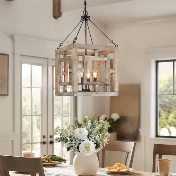Rustic 40-Watt 4-Light Black Brushed Silver Distressed Wood Square Cage Pendant Light
