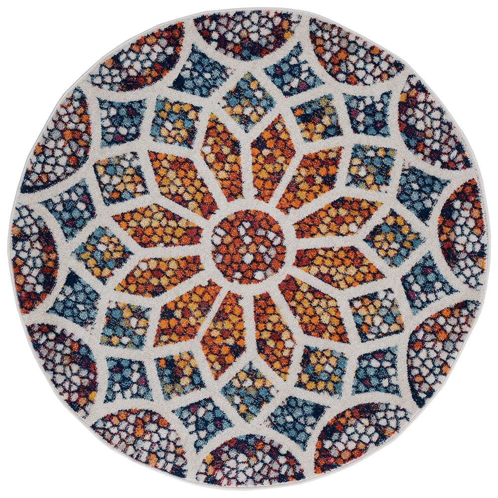Karen Medallion Ivory/Navy 4 ft. x 4 in. Round Mosaic Flower Area Rug