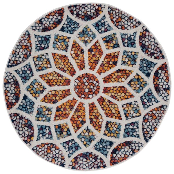 Unbranded Karen Medallion Ivory/Navy 6 ft. 7 in. Round Mosaic Flower Area Rug