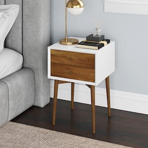 Harper Brown and White Nightstand with 2-Drawer Wooden Side Table or End Table