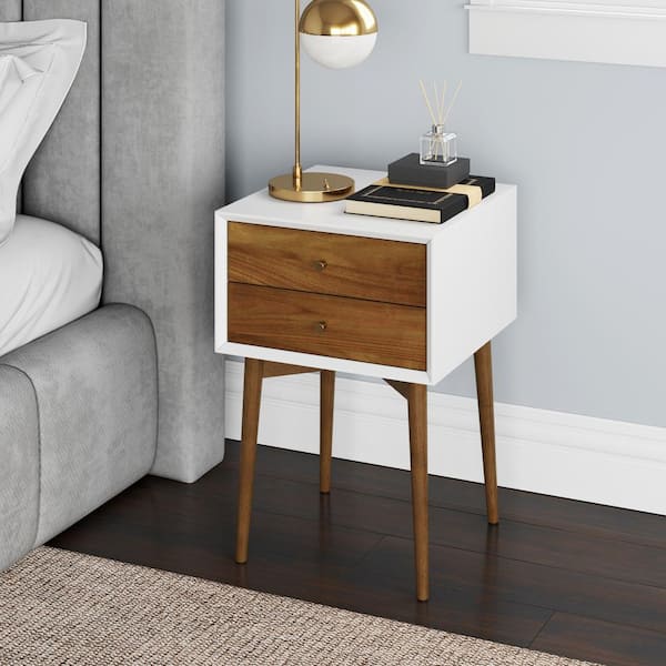 Nathan James Harper Brown and White Nightstand with 2-Drawer Wooden Side Table or End Table