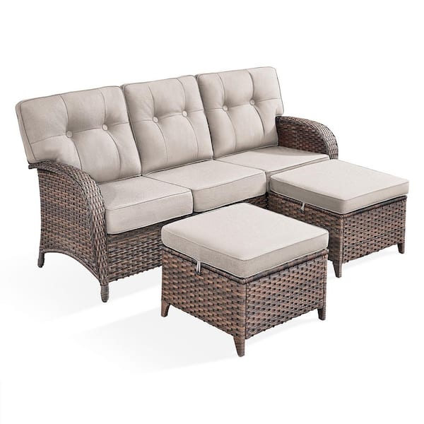 Modern Seaside Series 3-Piece Patio Wicker Outdoor Sofa with 2 Ottoman and Beige Cushions