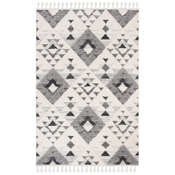 Moroccan Tassel Shag Ivory/Gray 2 ft. x 4 ft. High-Low Geometric Fringe Area Rug
