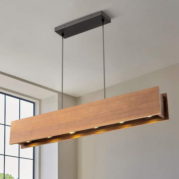 Gabriel 6-Light Farmhouse Black Finish Linear Wood Pendant Light Kitchen Island Lighting