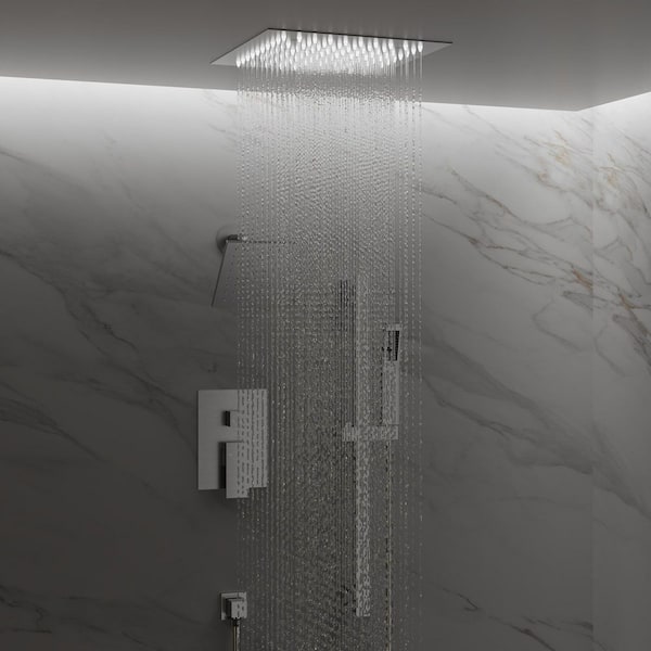 YAWWALK LED 3-Spray 12 and 6 in. Ceiling Mount Dual and Hand Shower with Slider Bar 1.8 GPM in Brushed Nickel (Valve Included)