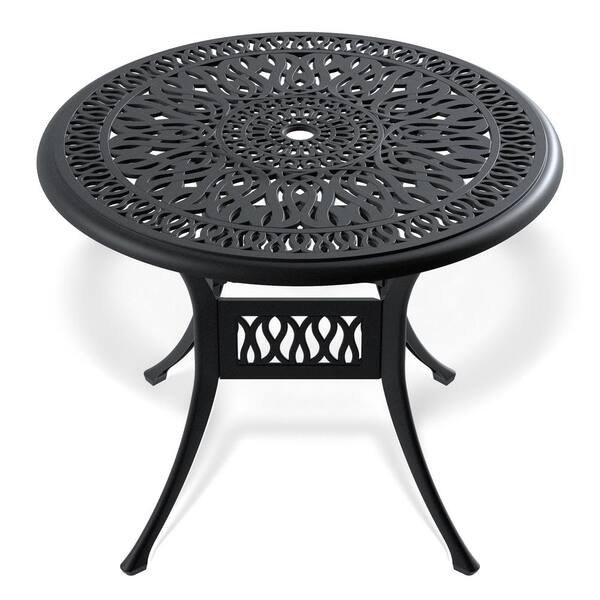 Afoxsos 35.43 in. Cas Aluminum Patio Dining Table with Black Frame and Umbrella Hole