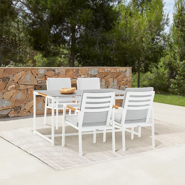 Armen Living Royal White 5-Piece Aluminum Rectangle Outdoor Dining Set with Grey Cushions