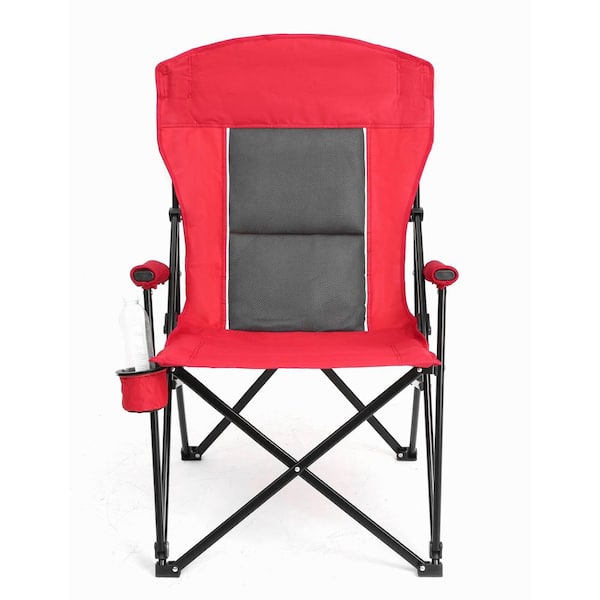 Red Steel Folding Lawn Chair with High Back and Cup Holder