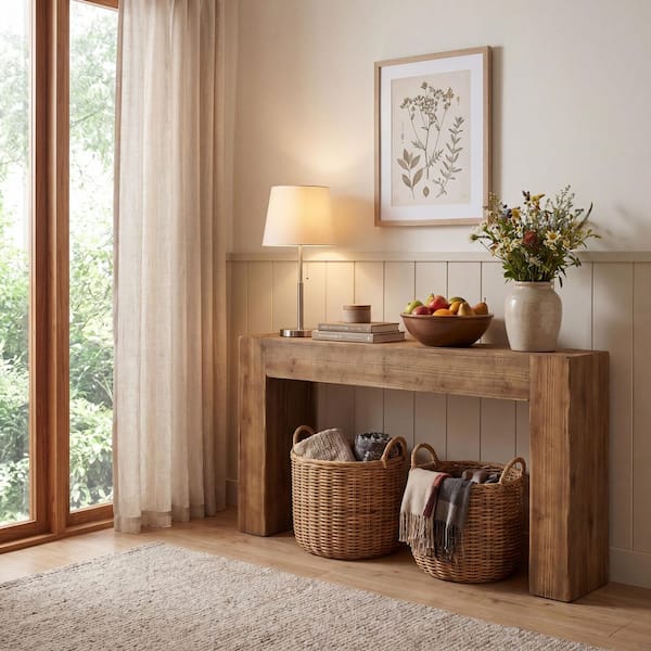 BYBLIGHT Turrella 63 in. Brown Rectangle Solid Wood Console Table