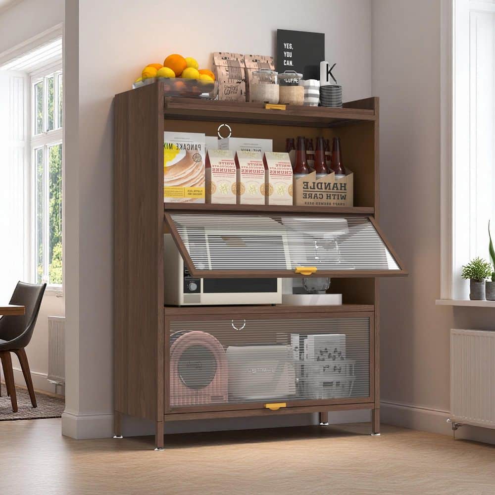 Noble House Sinclair Walnut Tall Metal 44.1 in. 3 Flip Doors