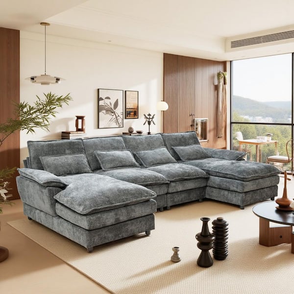 Melvin 110.24 in. Chenille Upholstered U Shape Sectional Sofa in. Grey with Waist Pillows, 2 Chaise Lounge