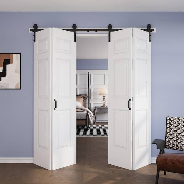 72 in. x 84 in. Assembled Bi-Fold 6 Panel White Primed DIY Available Hollow Core MDF Sliding Barn Door with Hardware Kit