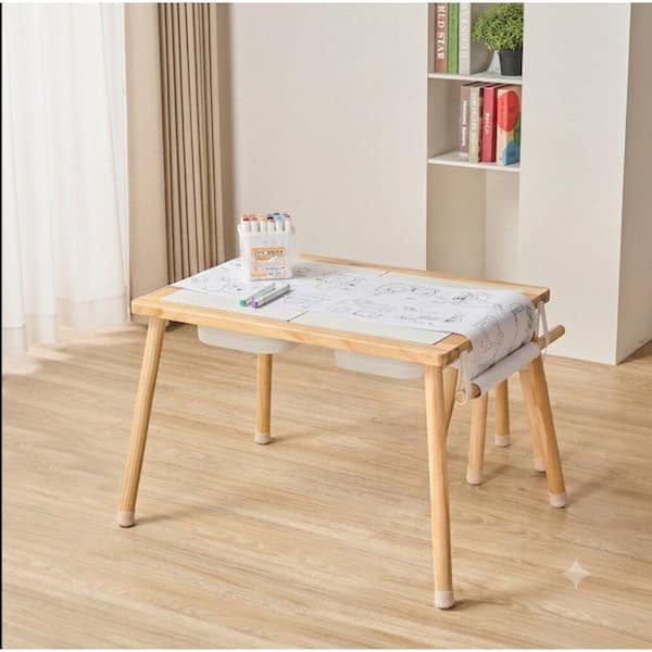 Darli 3-Piece Wood Top Kids Sensory Activity Table and Stool Set with Storage Bins and Paper Roll Holder, Natural+White