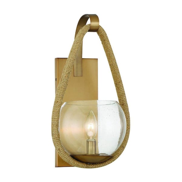 Savoy House Ashe 8.5 in. W x 16 in. H 1-Light Warm Brass Wall Sconce with Rope Accent and Clear Seeded Glass Shade