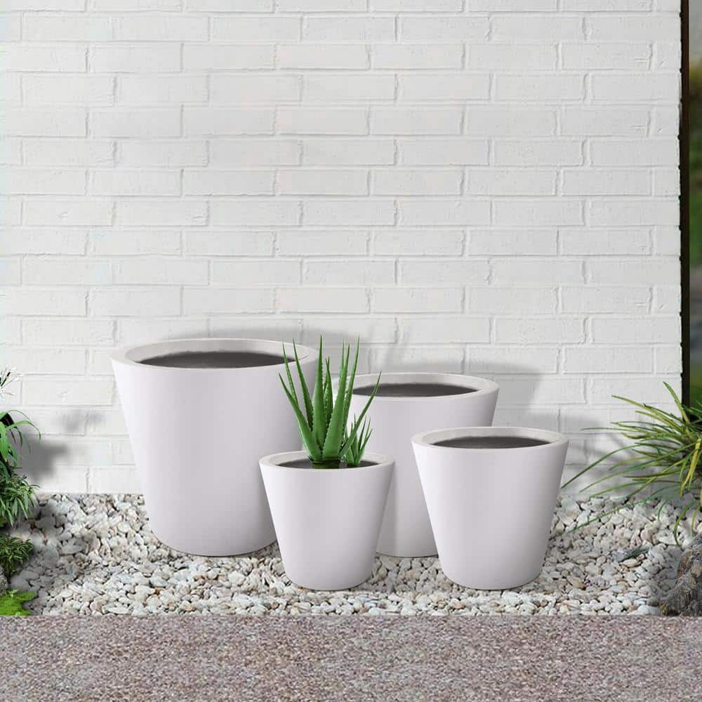 Set of 4 Pure White Lightweight Concrete Cylindrical Planters