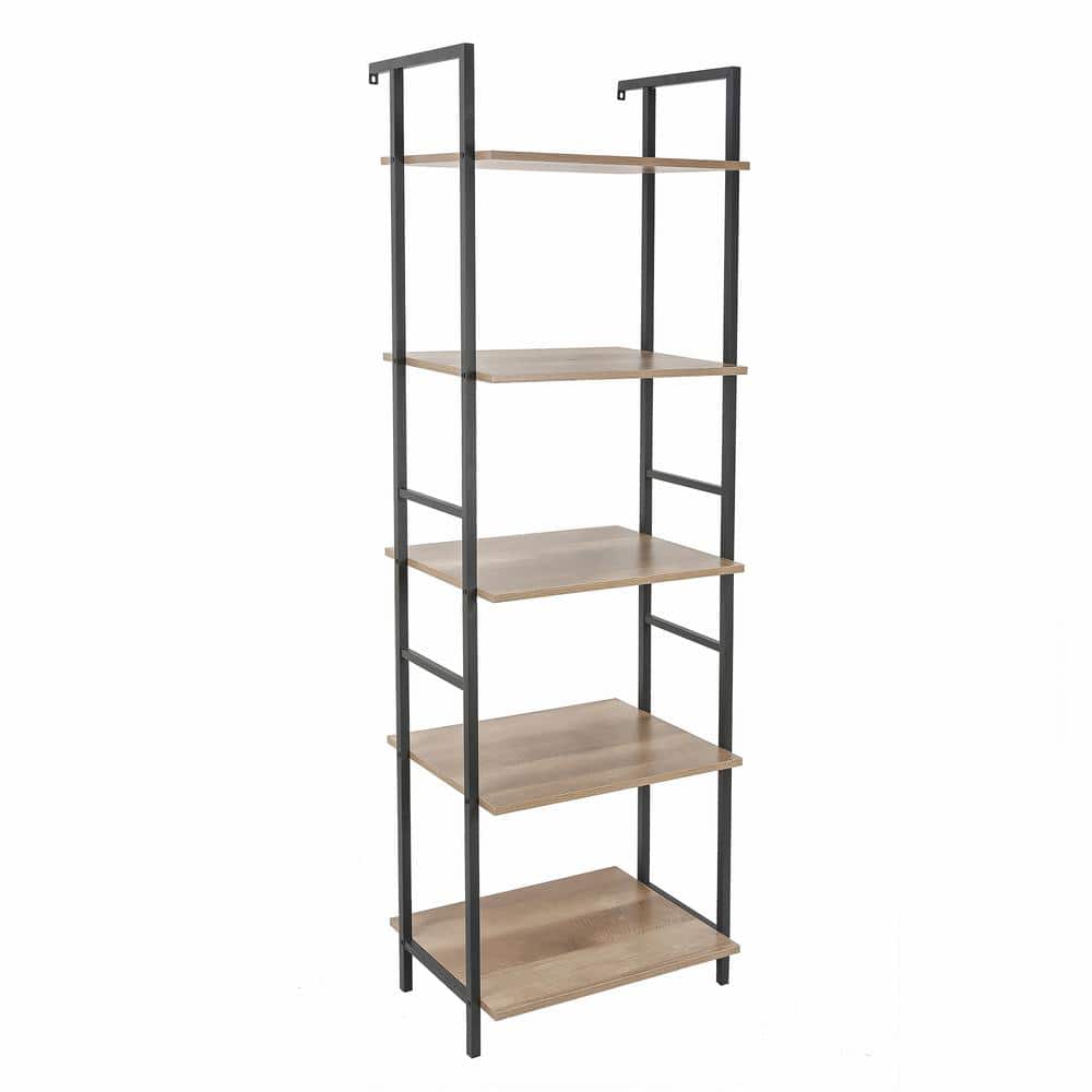 Light Oak and Black 5-Shelf Industrial Etagere Bookcase